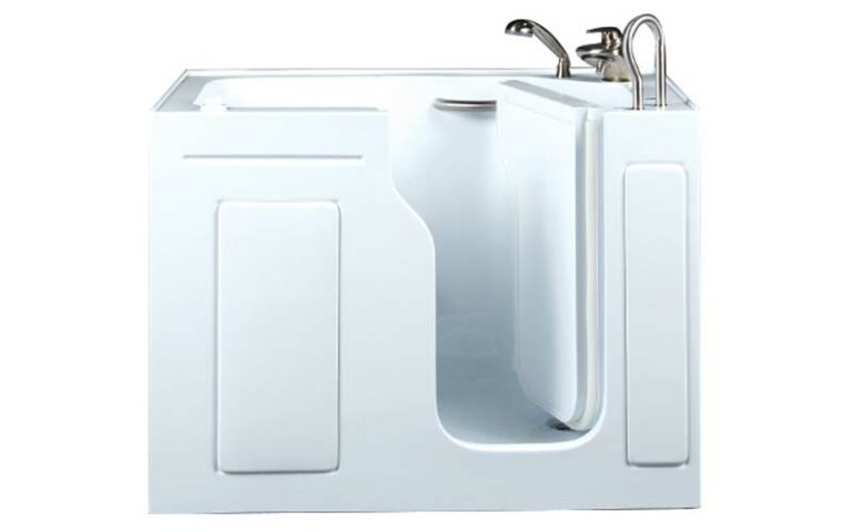 image of a side view of a walk-in tub where the door to the tub is opened into the tub area so that the bather could access the tub