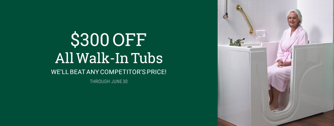 marketing image for $300 OFF all Walk-In Tubs through June 30, 2025 with white text on a green background on the left and an image of a white-haired woman in a pink bath robe demonstrating how easy it is to get in and out of a walk-in tub, we can see her sitting comfortably in a seated position through the tub's open side door. Once the side door is closed from the inside, it will seal shut to prevent any leaking when the tub is filled. after bathing, the water is drained, and the door can be opened again, allowing easy step-in and step-out access