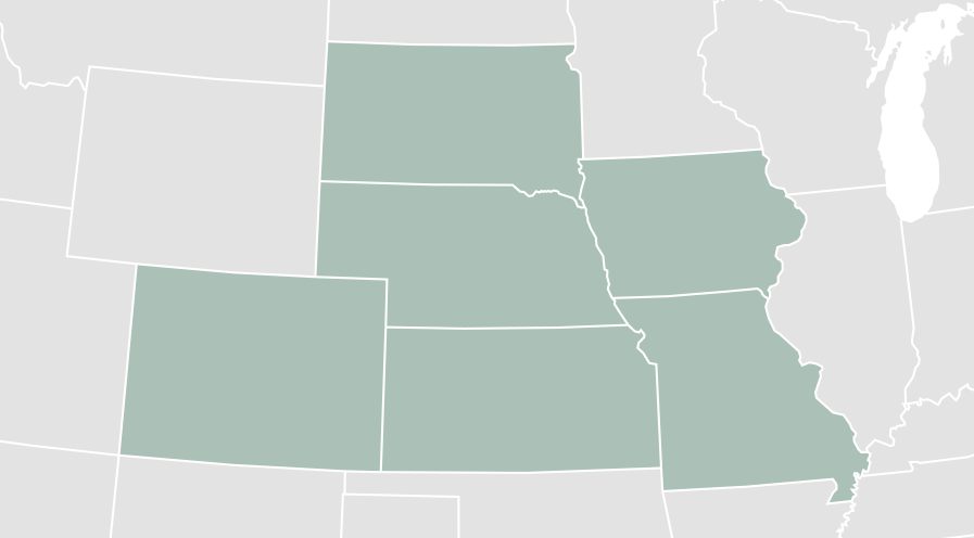 cropped map of the united states showing South Dakota, Nebraska, Iowa, Colorado, Kansas, and Missouri highlighted as the states where Kohll's RX provides and installs stair lift chairs in both residential and commercial applications