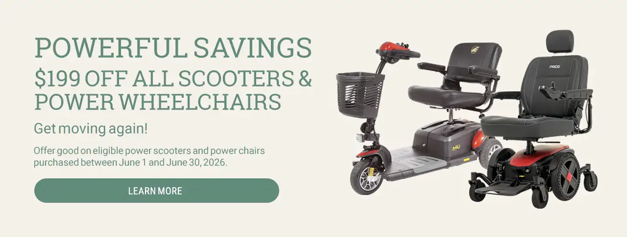 promotional image for the June 2026 sale of $199 off all power scooters and power wheelchairs at Kohll's Rx